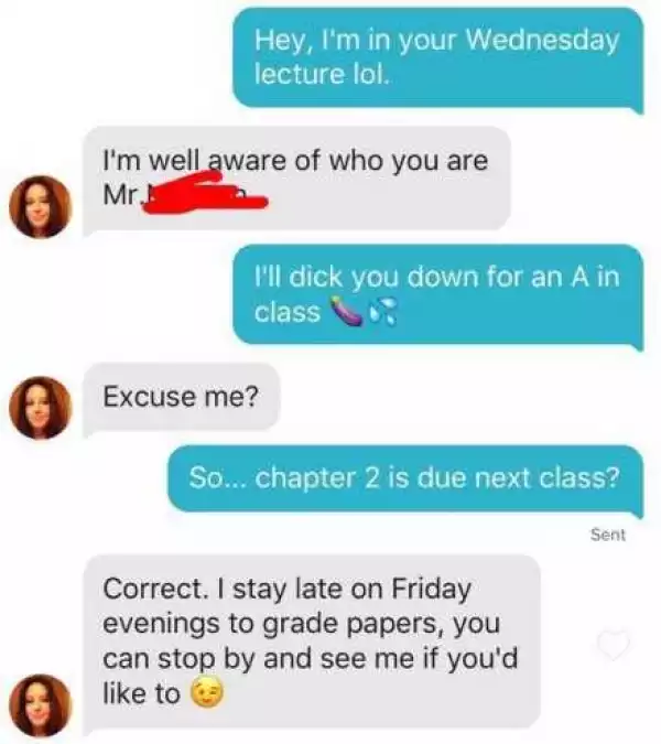 Check out this convo on Tinder between a lecturer and her student